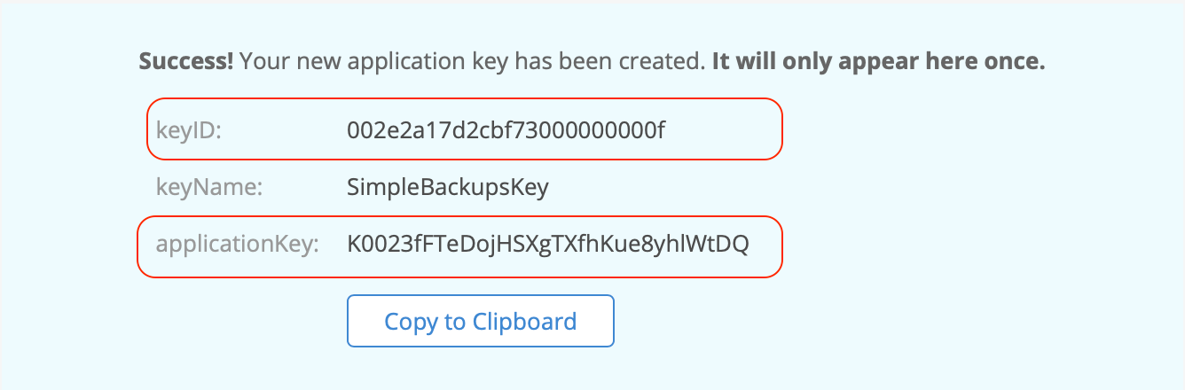 Backblaze Credentials to Bucket Application Key confirmation message including required credentials information