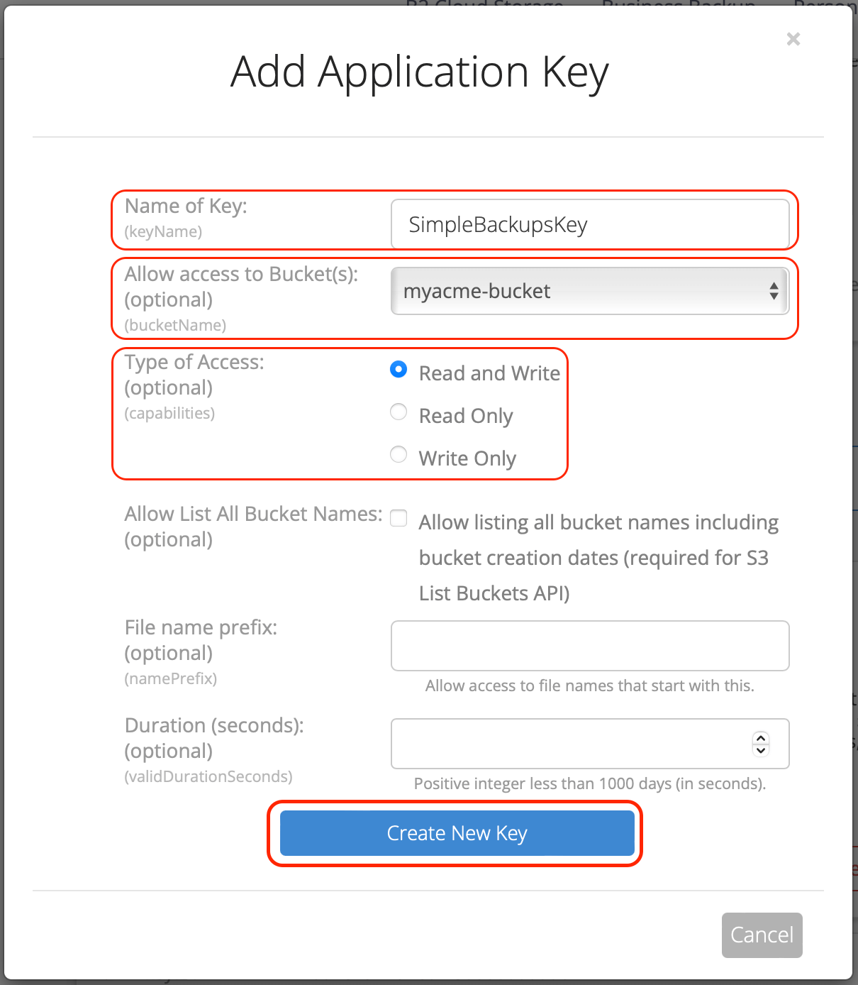 Backblaze Create Application Key Backblaze app key creation modal