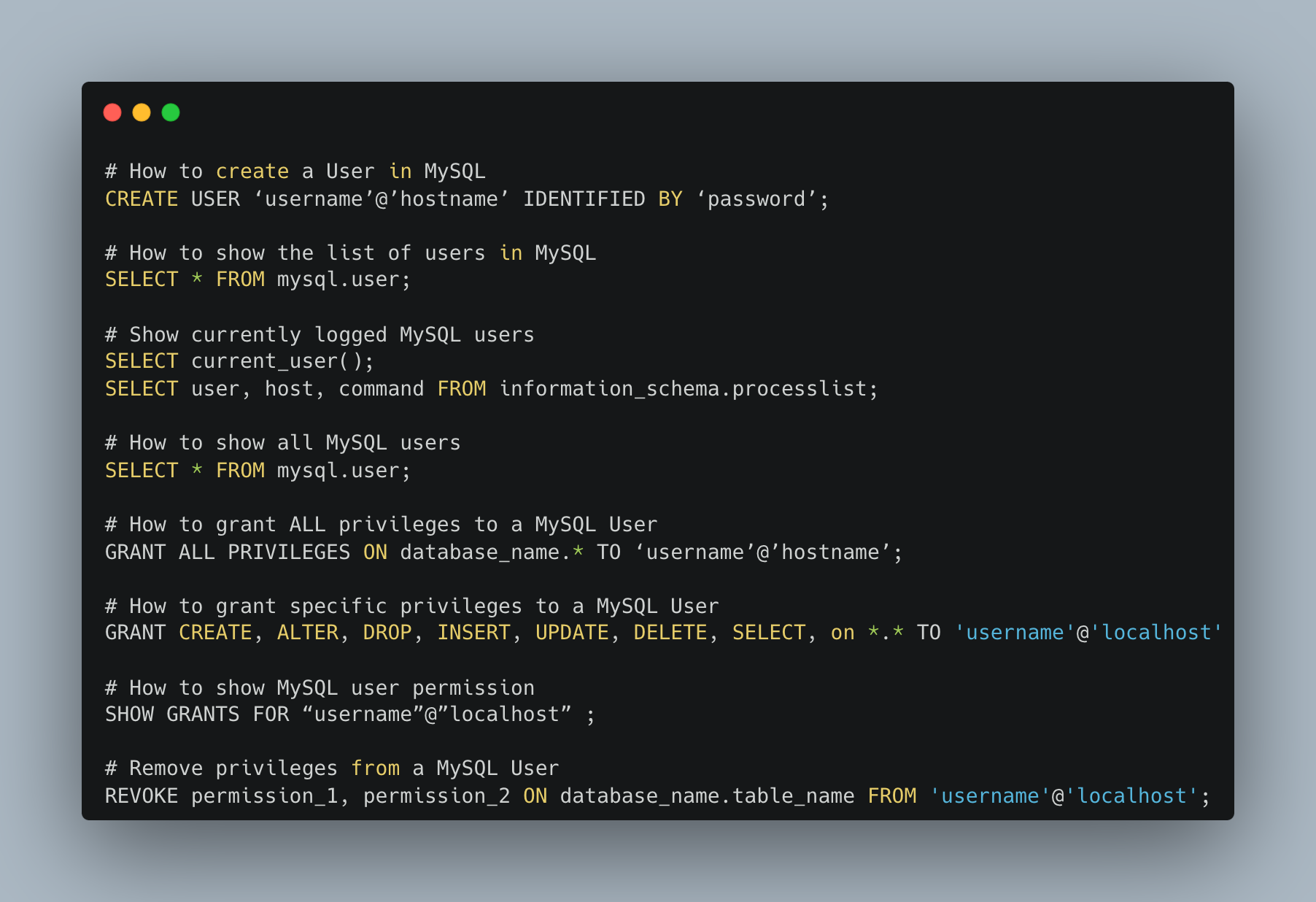 How to create, grant and show user permissions in MySQL How to create, grant and show user permissions in MySQL