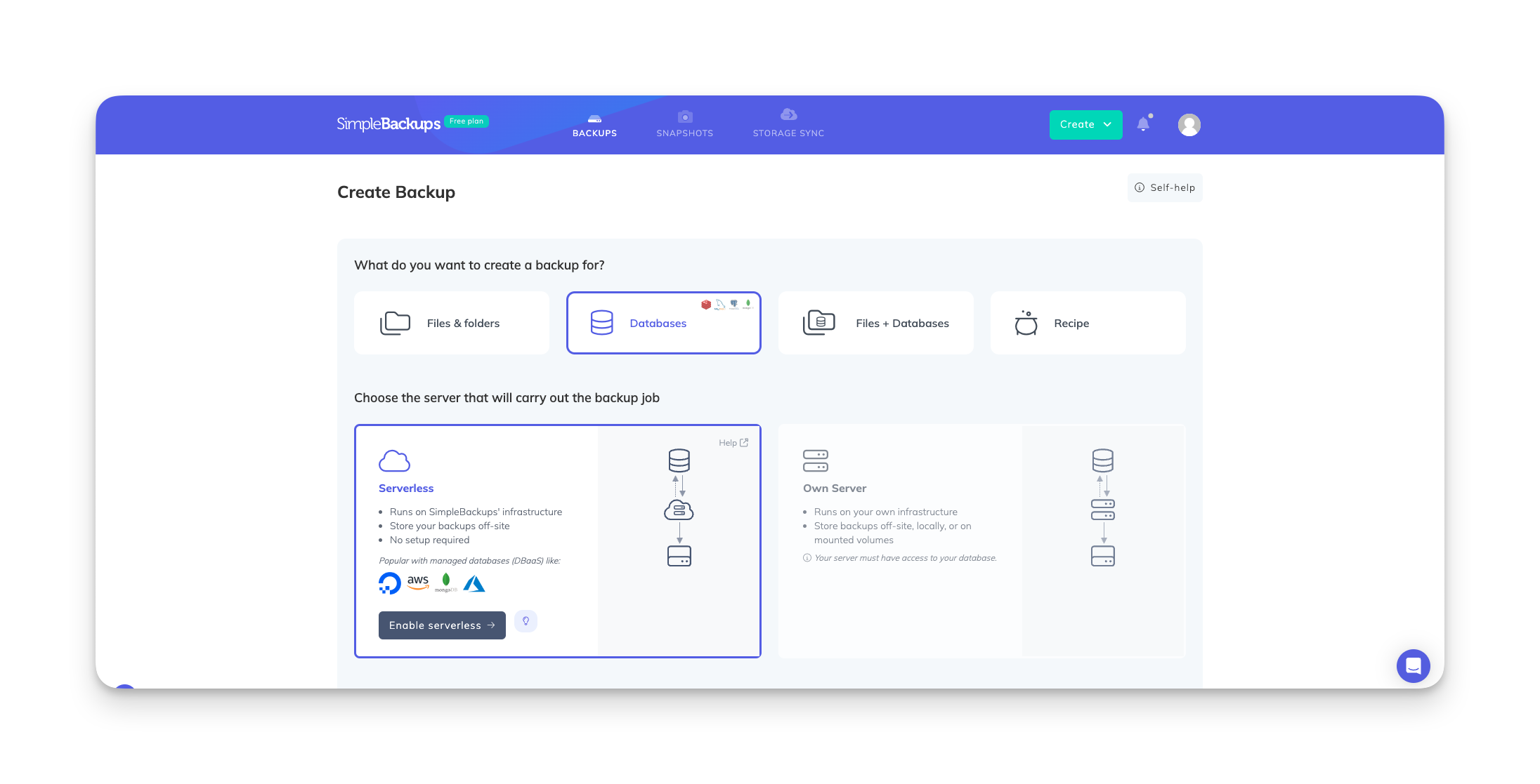 SimpleBackups SimpleBackups main dashboard
