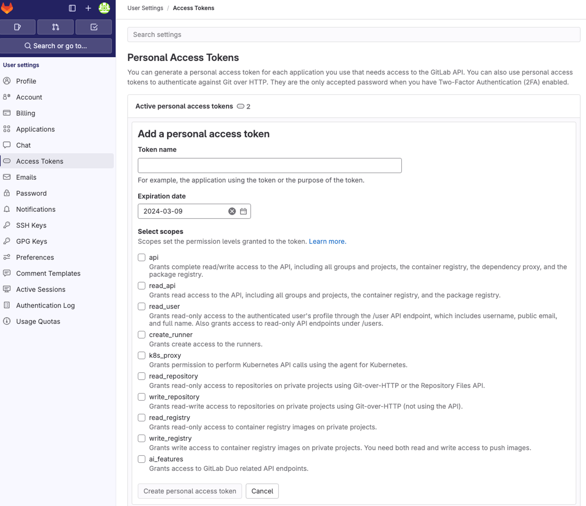 Gitlab access tokens