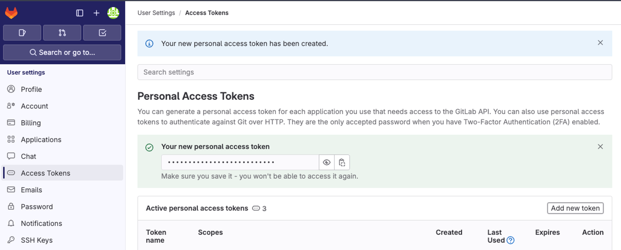Gitlab create token