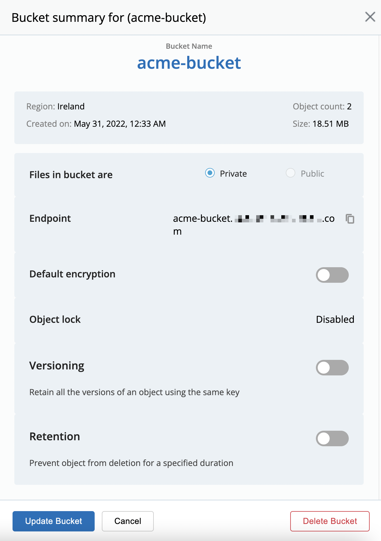 IDrive e2 Bucket creation confirmation Confirmation of the Bucket creation