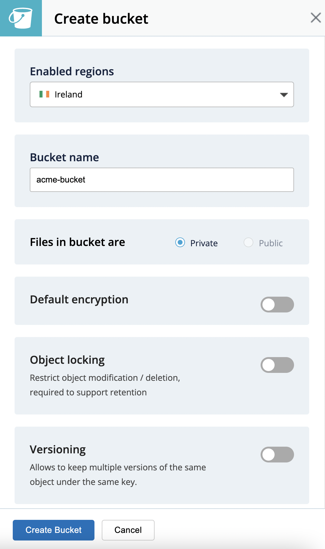 Create IDrive e2 Bucket Create your IDrive e2 Bucket form
