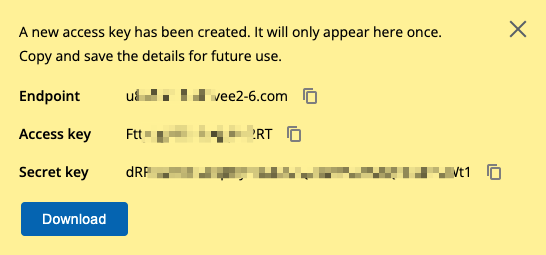 Backblaze Credentials to Bucket Application Key confirmation message including required credentials information