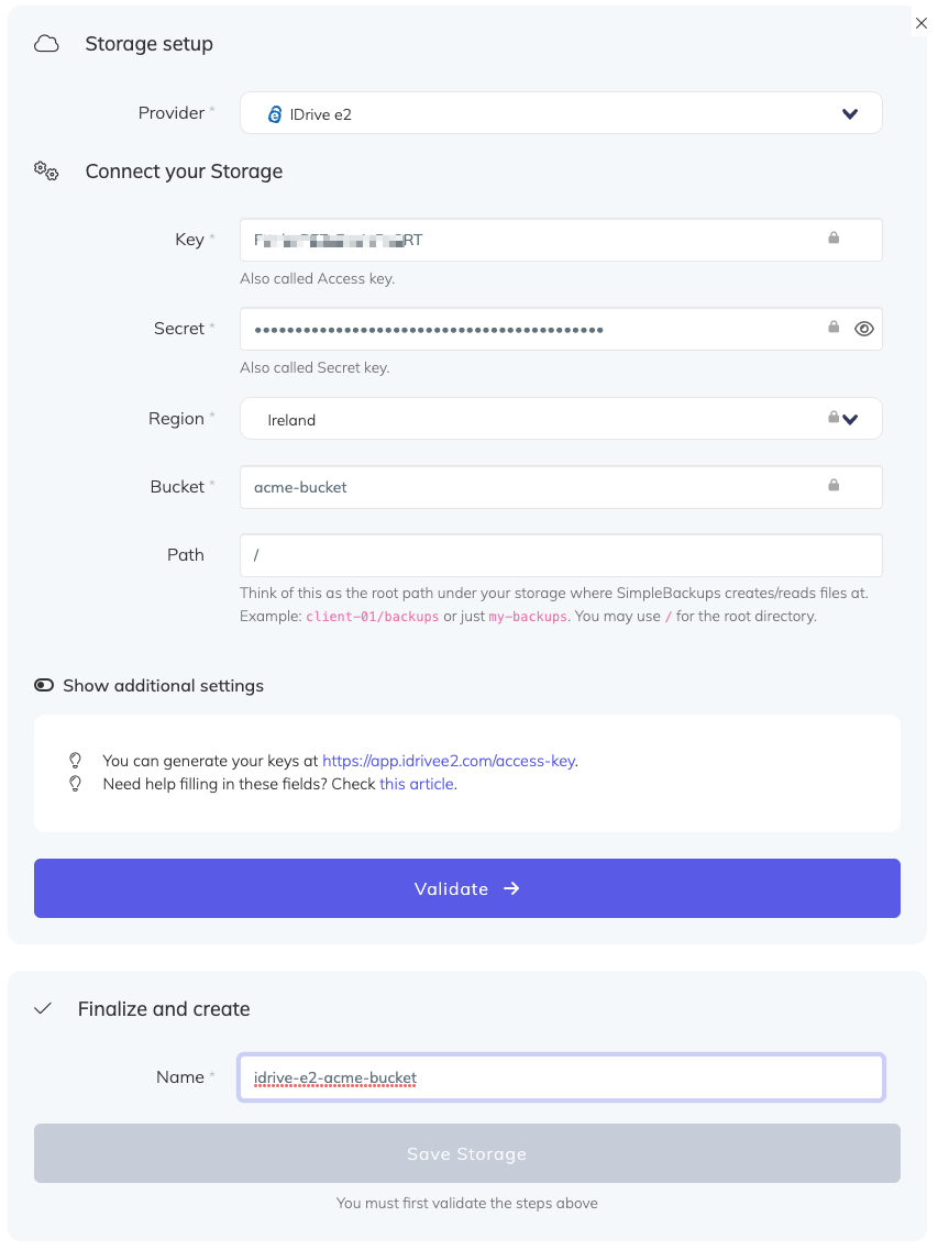IDrive e2 - Storage connection SimpleBackups form to connect your IDrive e2 storage
