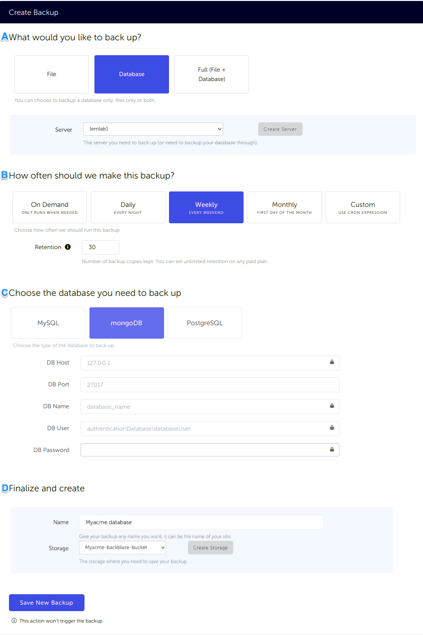 MongoDB Database backup configuration in SimpleBackups and connected to Wasabi Configuration form, for a MongoDB database backup connected to your Wasabi storage