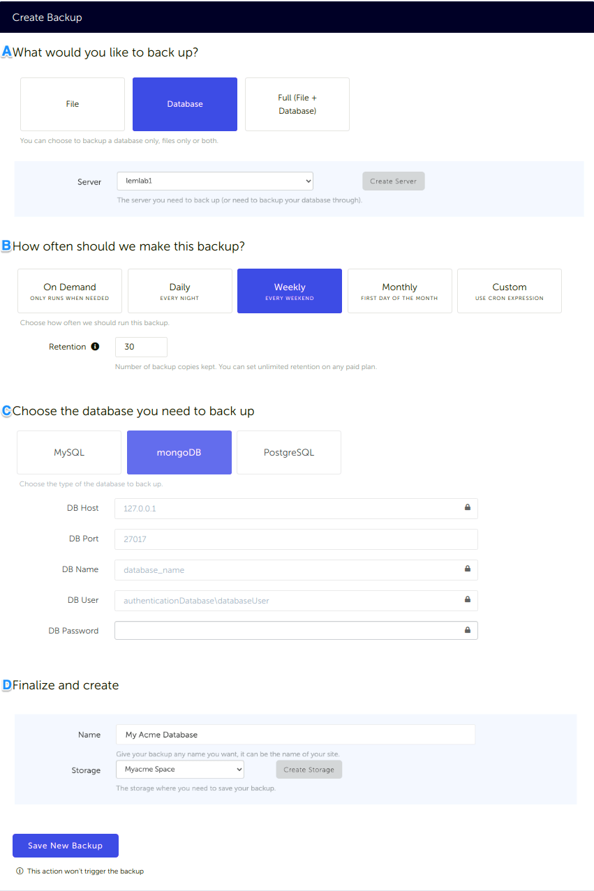 MongoDB Database backup configuration in SimpleBackups and connected to DigitalOcean Configuration form, for a MongoDB database backup connected to your DigitalOcean space