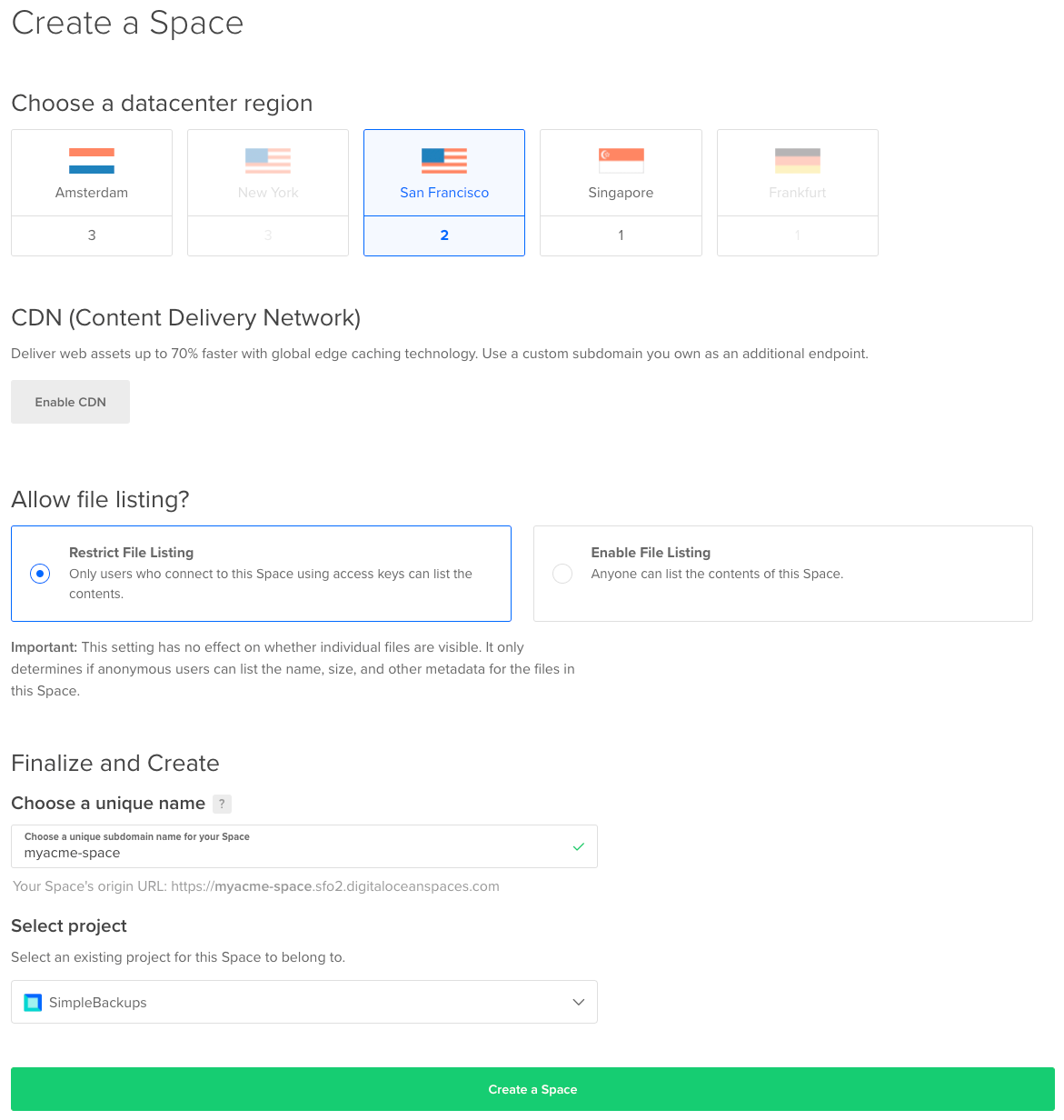 DigitalOcean Spaces creation form, select the region and the name of your storage object