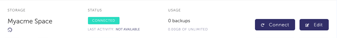 Storage list with newly created DigitalOcean storage