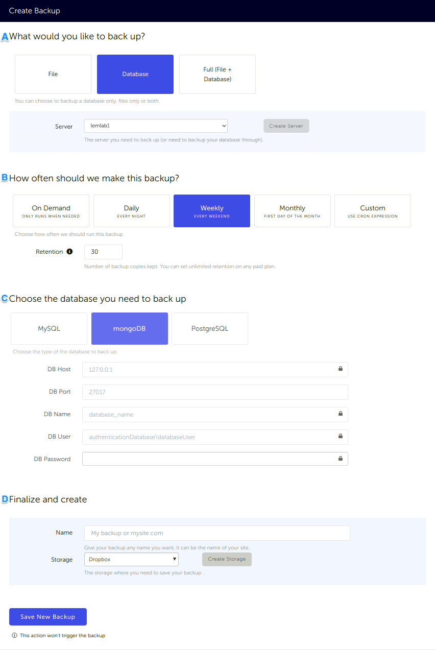 MongoDB Database backup configuration in SimpleBackups and connected to Dropbox Configuration form, for a MongoDB database backup connected to your Dropbox storage