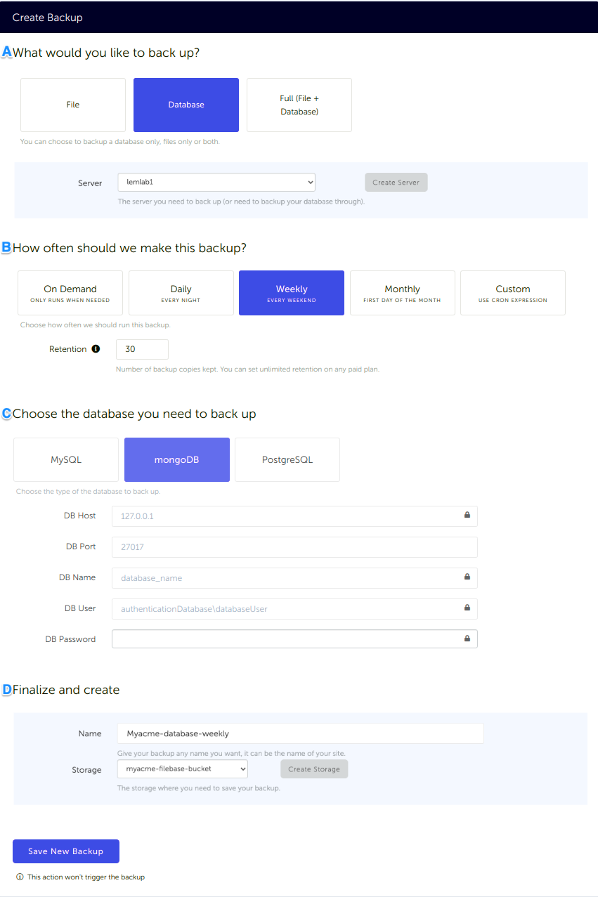 MongoDB Database backup configuration in SimpleBackups and connected to Filebase Configuration form, for a MongoDB database backup connected to your Filebase storage