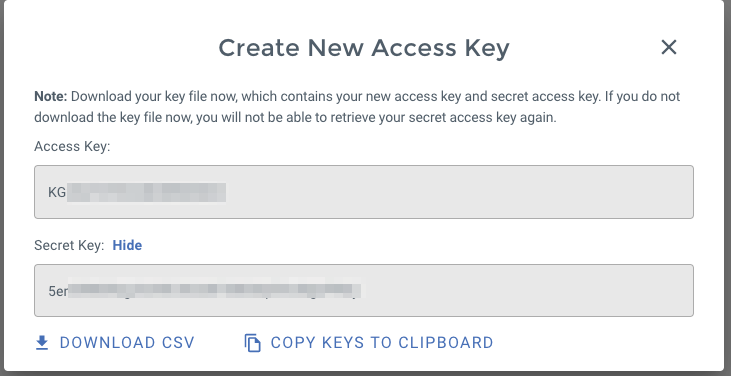 Wasabi - Access Key creation confirmation Wasabi Access Key creation confirmation, with Access Key and Secret Key