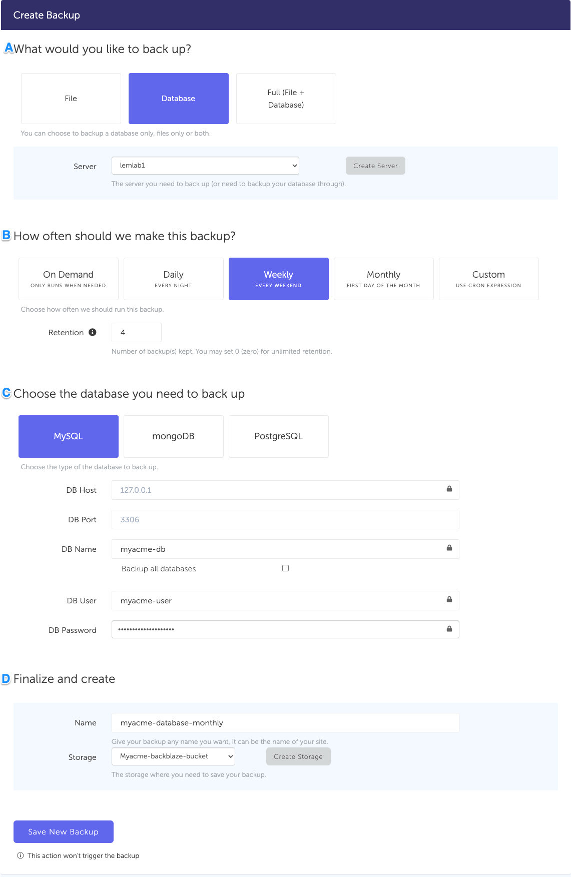 MySQL Database backup configuration in SimpleBackups Configuration form, for a MySQL database backup