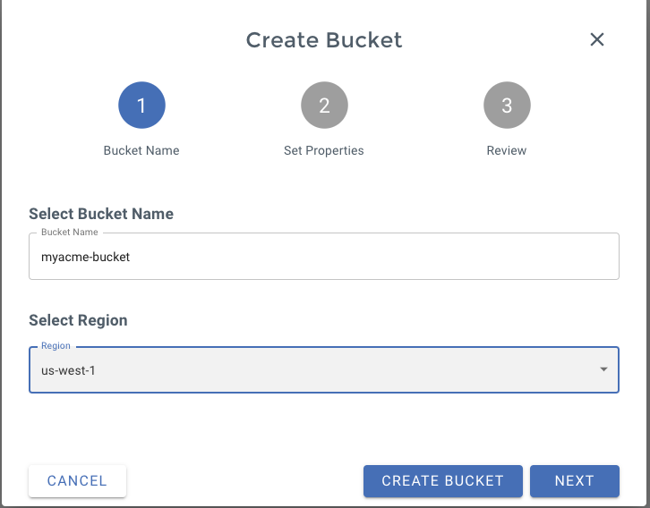 Wasabi - Create Bucket Wasabi Bucket creation form