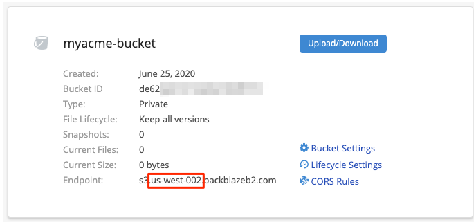 Backblaze Bucket creation confirmation Confirmation of the Bucket creation
