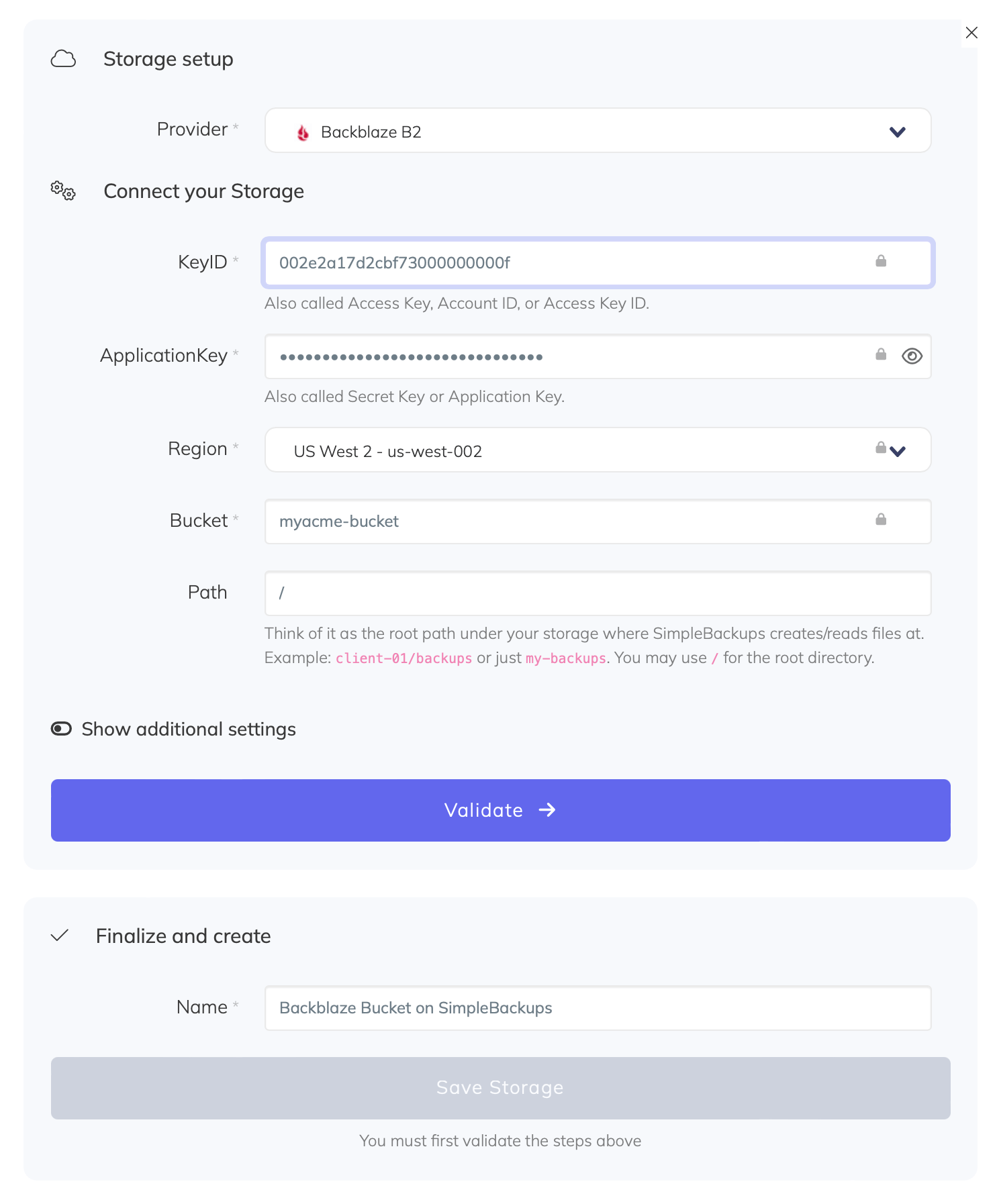Backblaze B2 - Storage connection SimpleBackups form to connect your Backblaze B2 storage