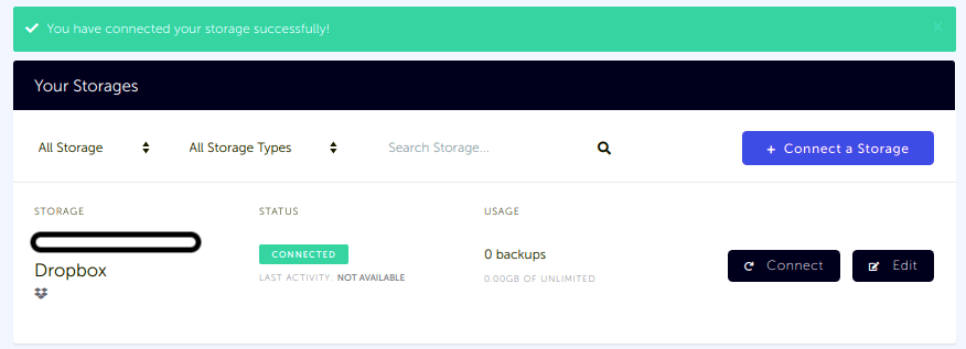 Dropbox storage connected to SimpleBackups Storage list with newly created Dropbox storage