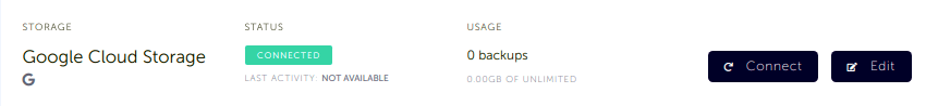 Google Cloud Storage storage connected to SimpleBackups Storage list with newly created Google Cloud Storage