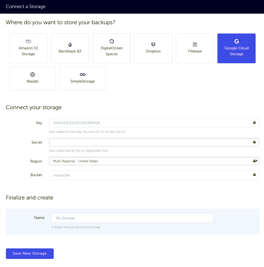 Google Cloud Storage bucket connection form Connect Google Cloud Storage bucket to SimpleBackups