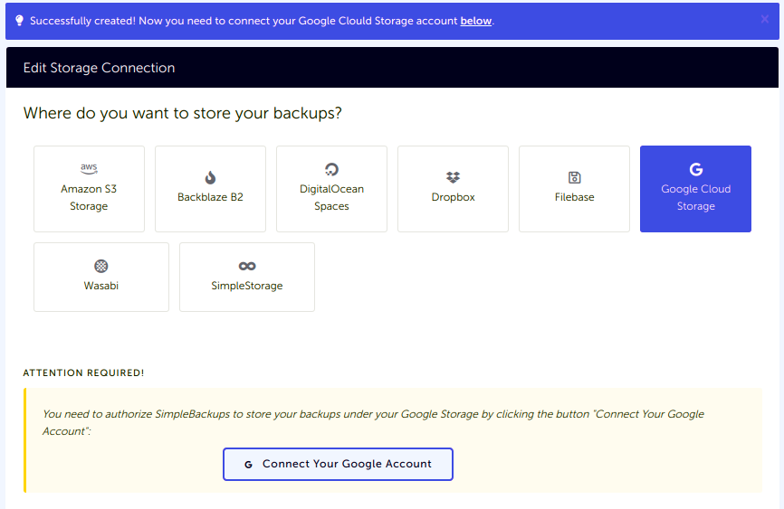 GCS storage connected to SimpleBackups Storage list with newly created Google Cloud Storage