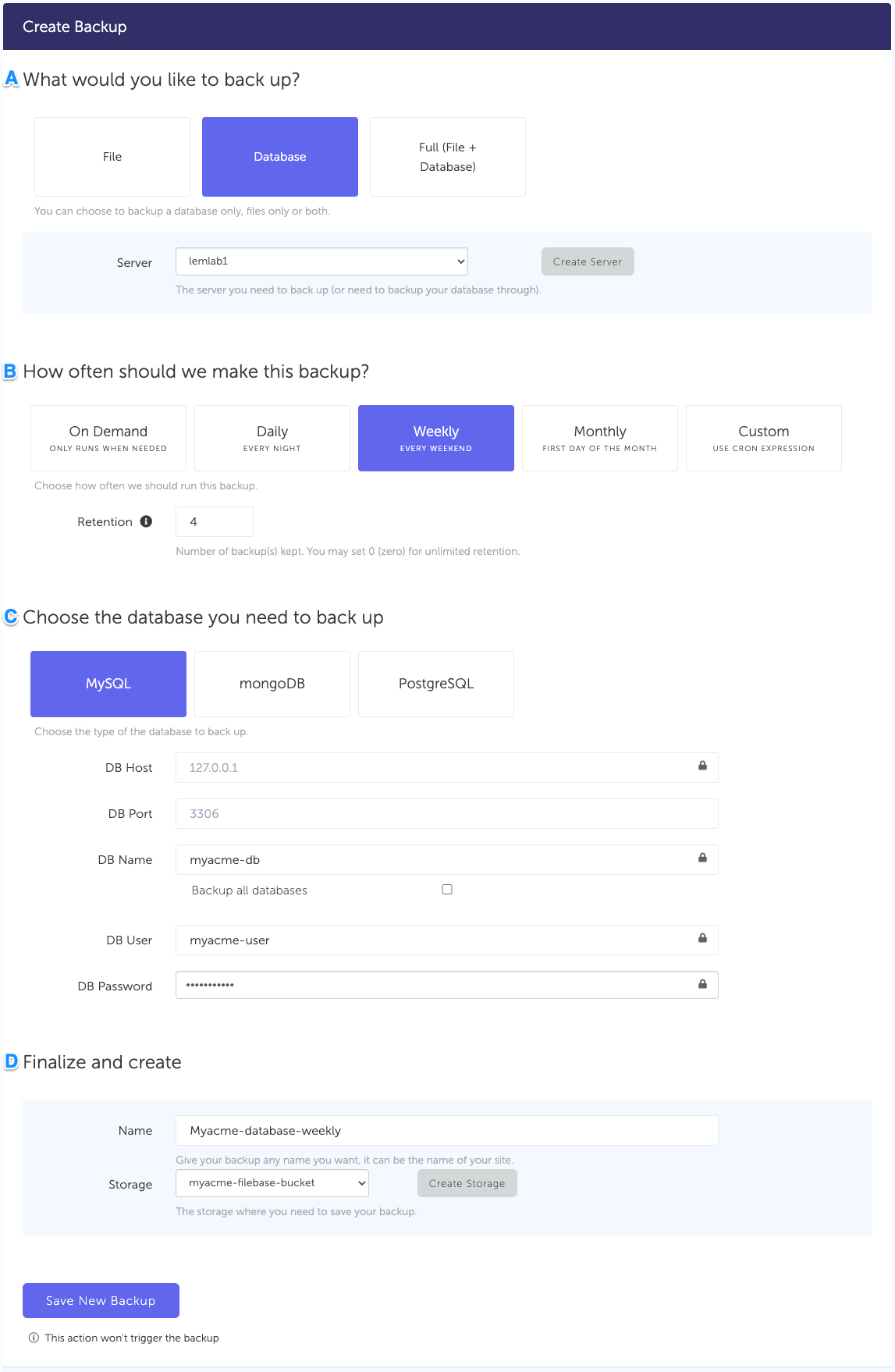MySQL Database backup configuration in SimpleBackups and connected to Google Cloud Storage Configuration form, for a MySQL database backup connected to your Google Cloud Storage storage