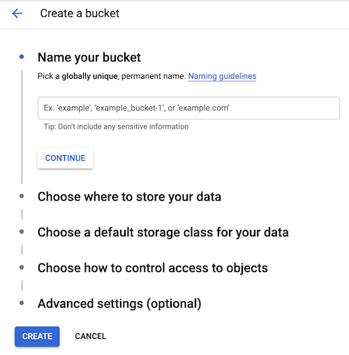 Create your Google Cloud Storage Bucket GCS Bucket creation form