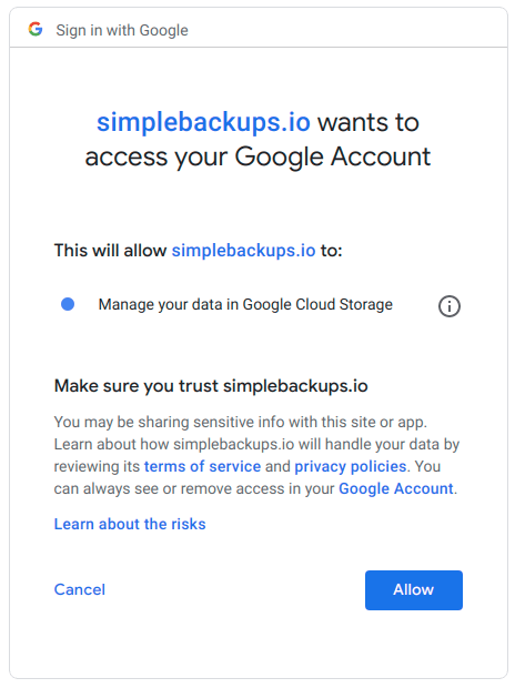 Grant SimpleBackups to access Google Account Grant Access to Google Account
