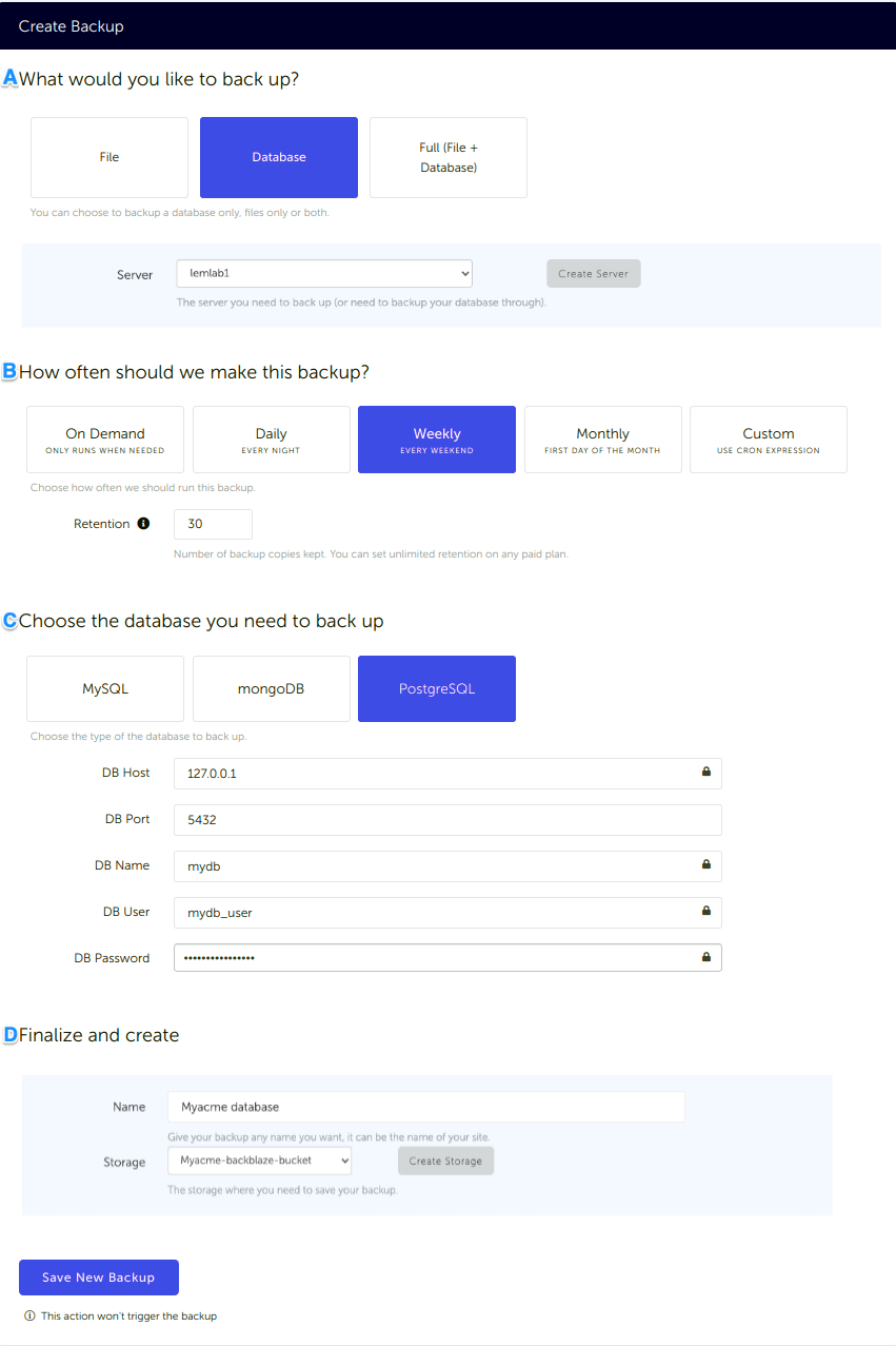 PostgreSQL Database backup configuration in SimpleBackups and connected to Wasabi Configuration form, for a PostgreSQL database backup connected to your Wasabi storage