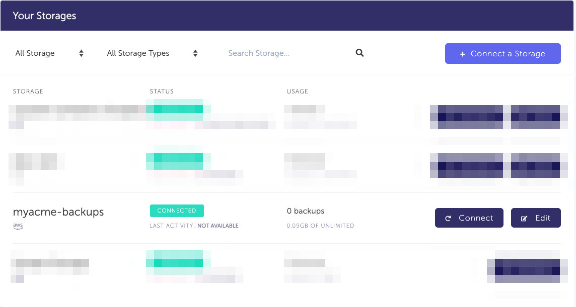 AWS S3 storage connected to SimpleBackups Storage list with newly created AWS S3 storage