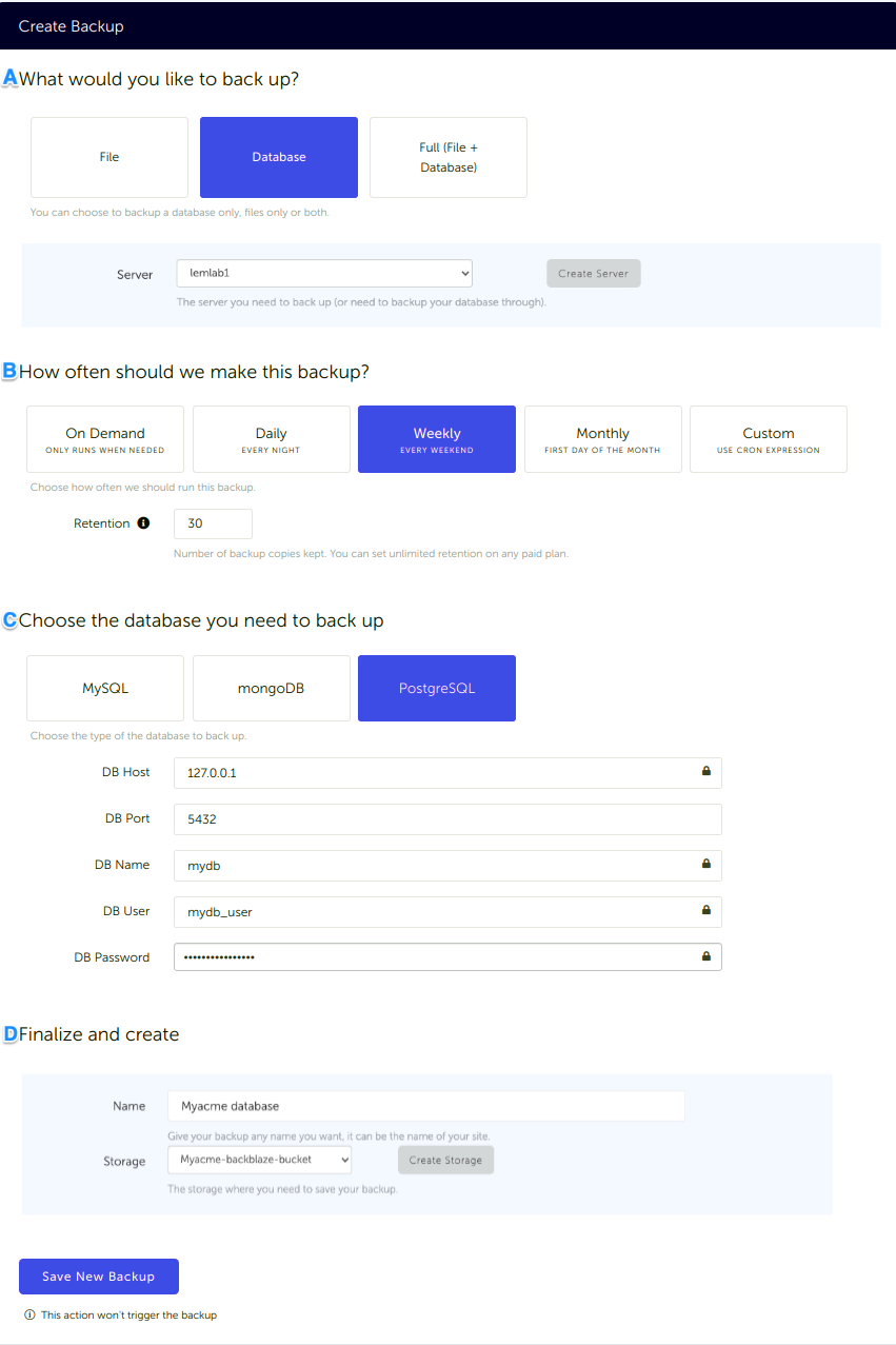 PostgreSQL Database backup configuration in SimpleBackups and connected to Backblaze Configuration form, for a PostgreSQL database backup connected to your Backblaze storage