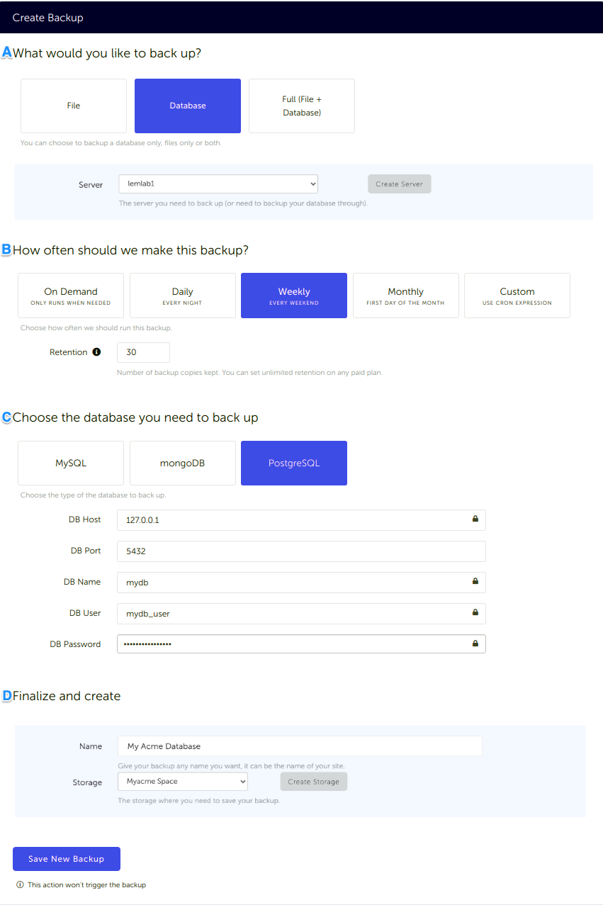 PostgreSQL Database backup configuration in SimpleBackups and connected to DigitalOcean Configuration form, for a PostgreSQL database backup connected to your DigitalOcean space