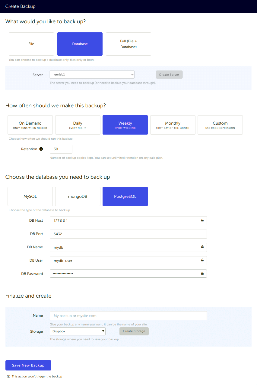 PostgreSQL Database backup configuration in SimpleBackups and connected to Dropbox Configuration form, for a PostgreSQL database backup connected to your Dropbox storage