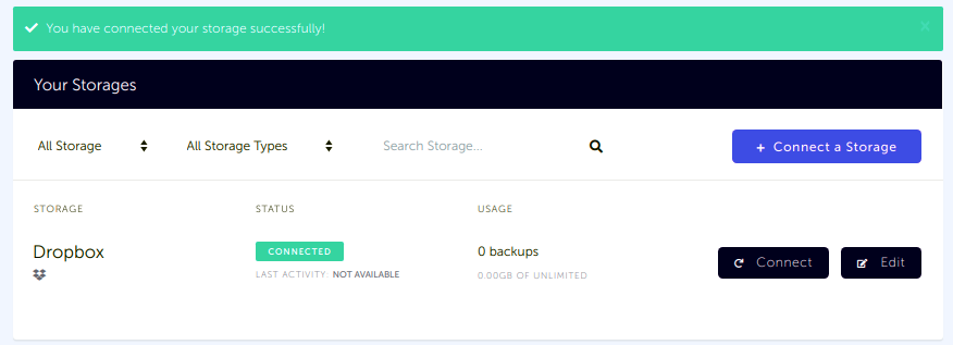 Dropbox storage connected to SimpleBackups Storage list with newly created Dropbox storage