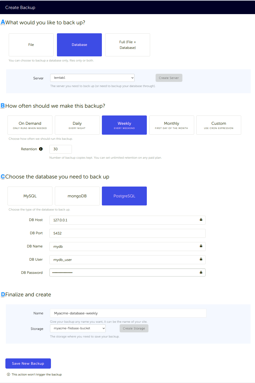 PostgreSQL Database backup configuration in SimpleBackups and connected to Filebase Configuration form, for a PostgreSQL database backup connected to your Filebase storage