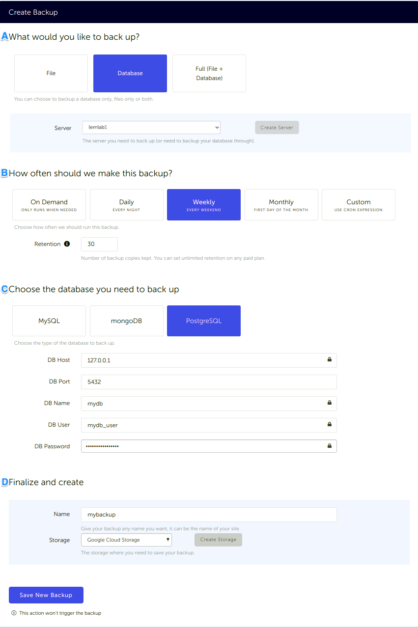 PostgreSQL Database backup configuration in SimpleBackups and connected to Google Cloud Storage Configuration form, for a PostgreSQL database backup connected to your Google Cloud Storage storage