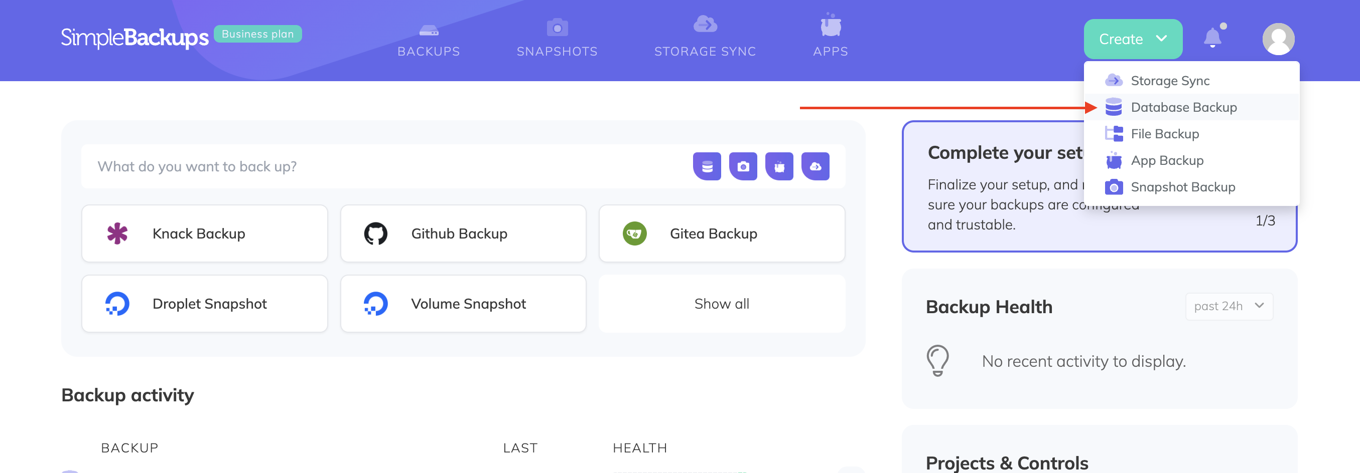 SimpleBackups Create Backup