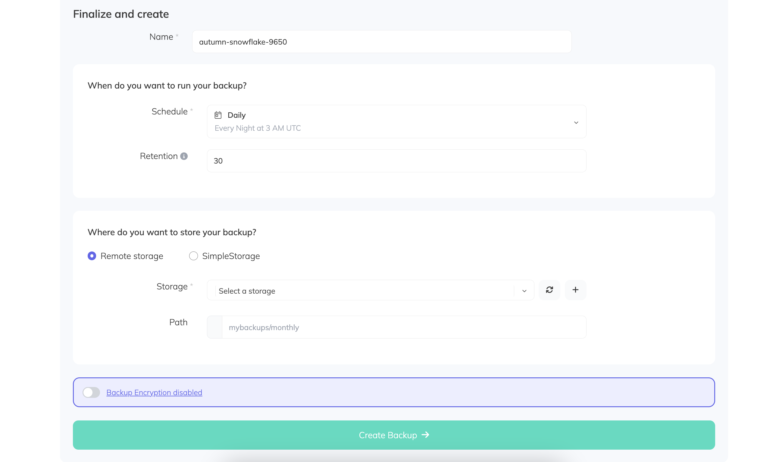 SimpleBackups Backup Settings