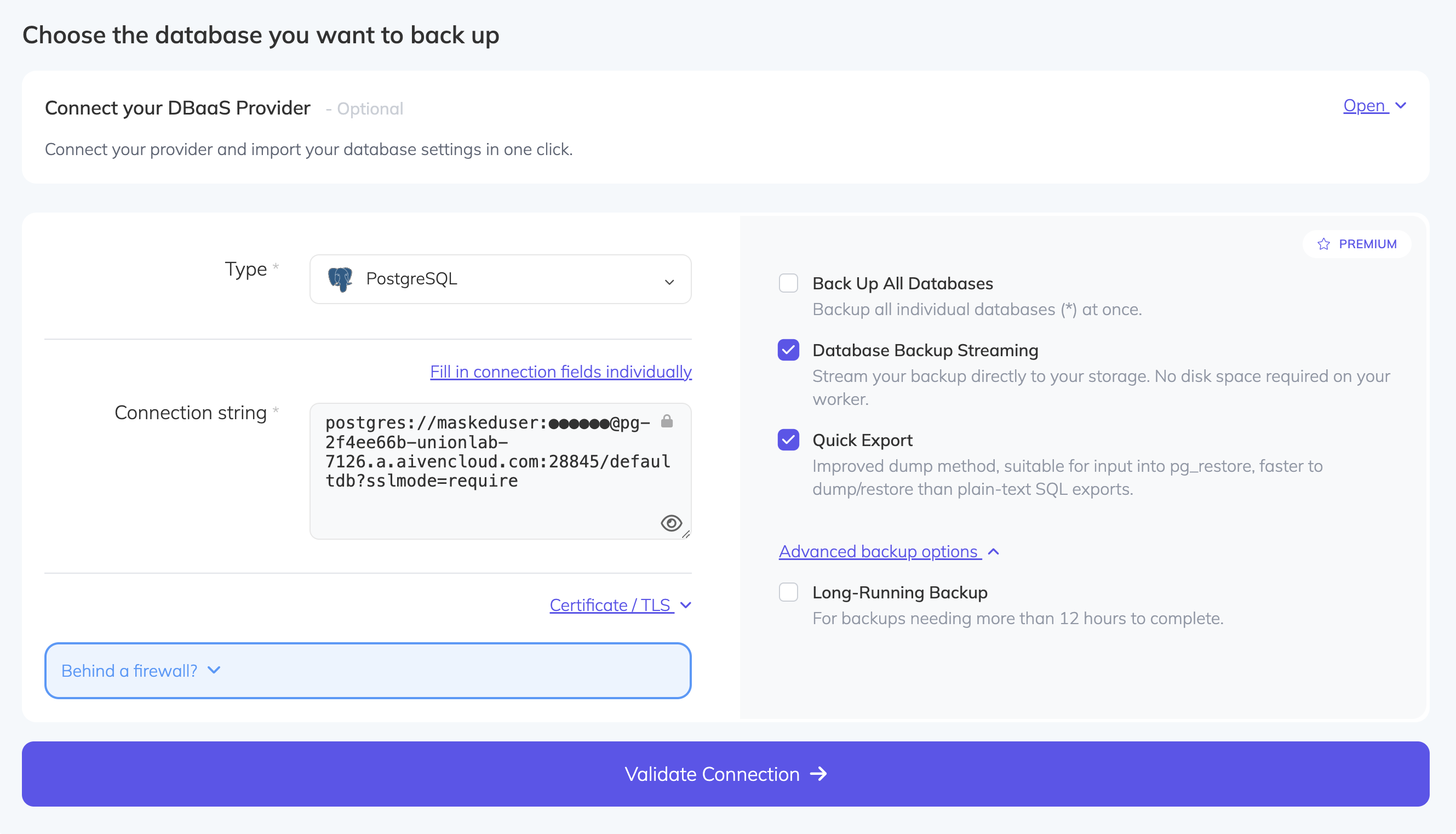 SimpleBackups Configure Aiven Postgres Backup