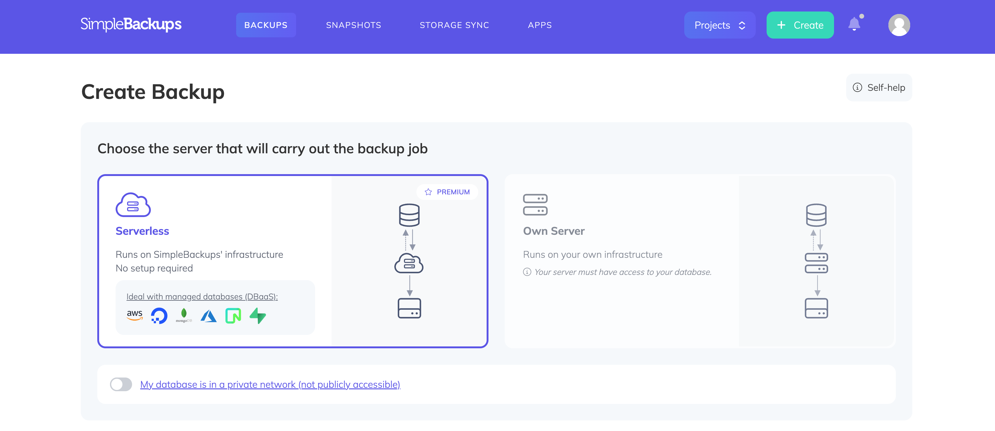 SimpleBackups Create Database Backup