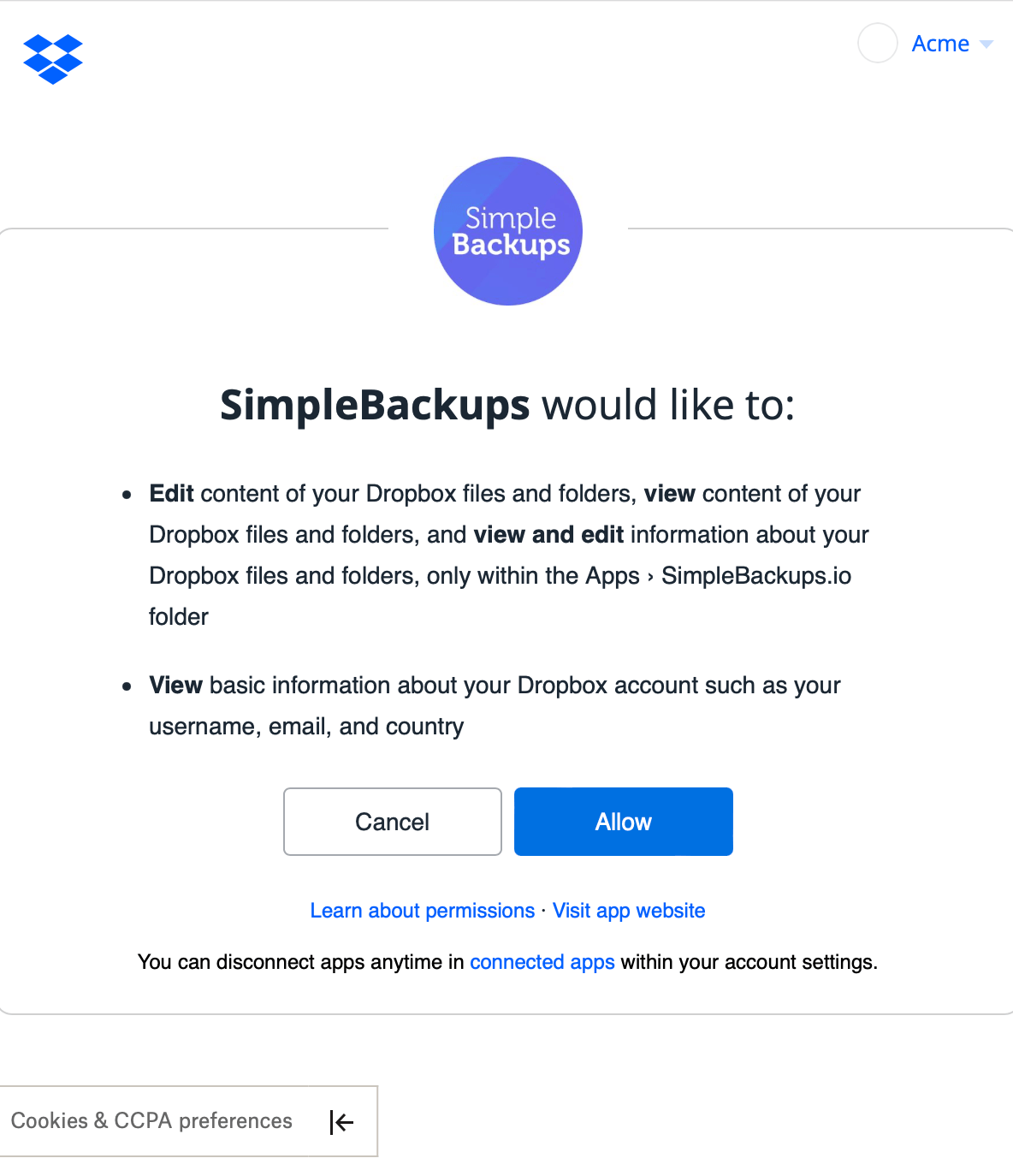 Dropbox grant access Grant SimpleBackups to Dropbox