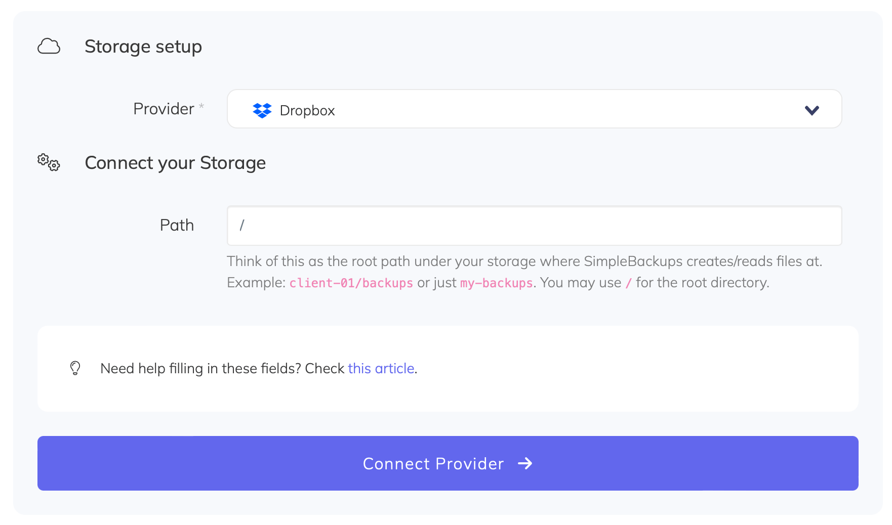 Dropbox connection form Connect Dropbox to SimpleBackups