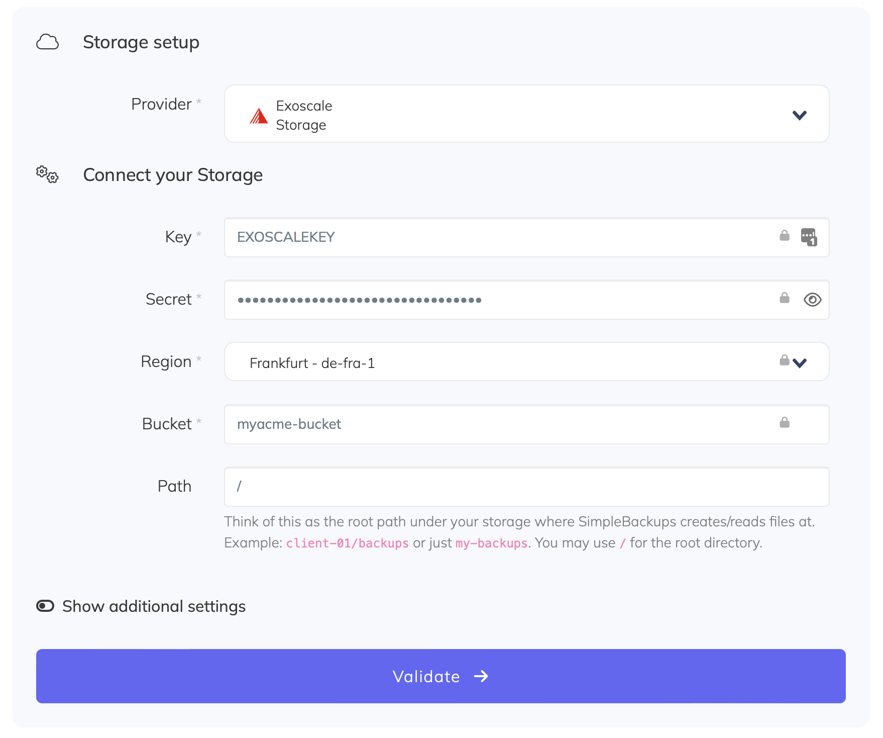 Connect Exoscale storage to SimpleBackups Connect Exoscale storage to SimpleBackups