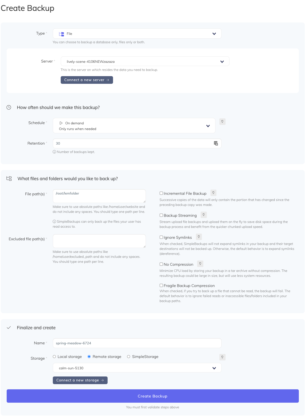 Files backup configuration in SimpleBackups Configuration form, for files backup