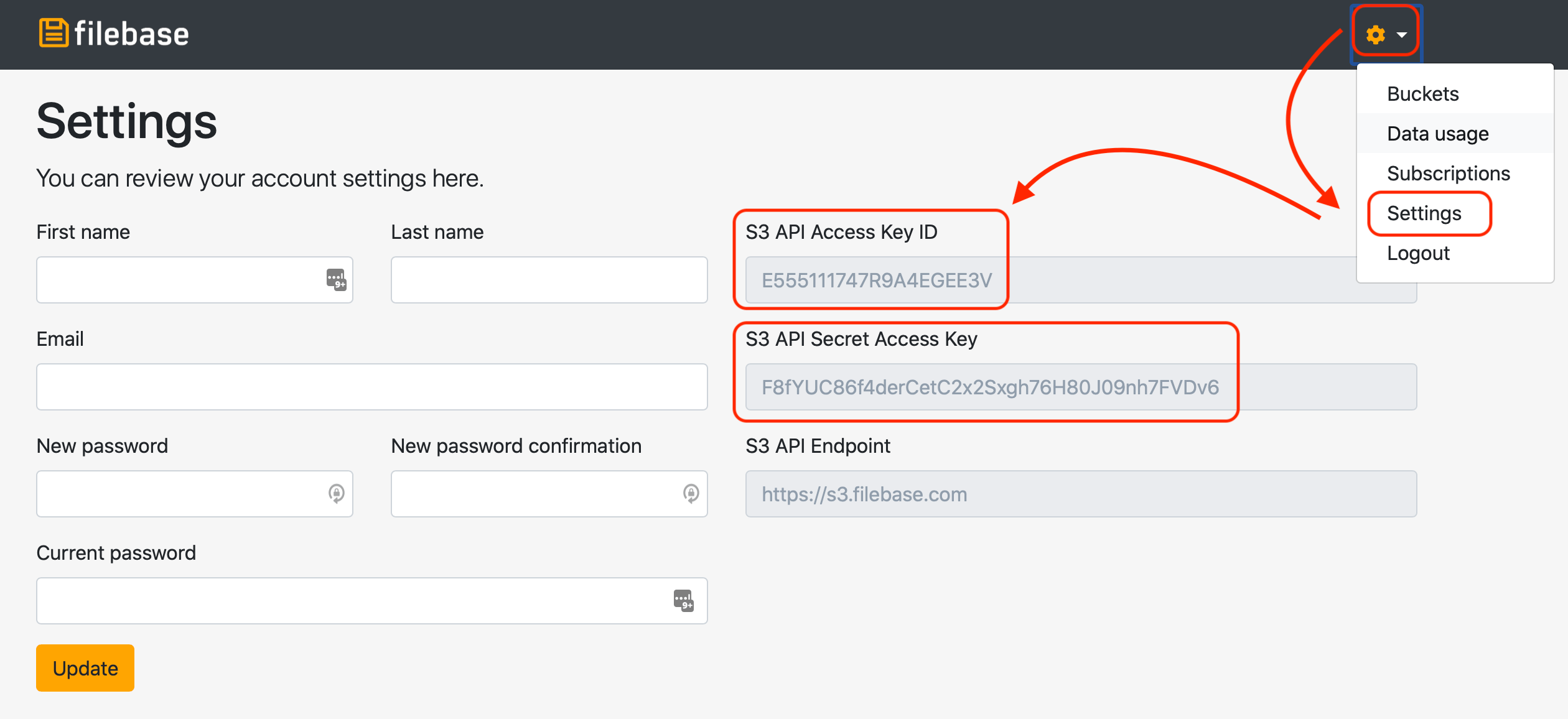 Filebase Credentials filebase credentials - SimpleBackups