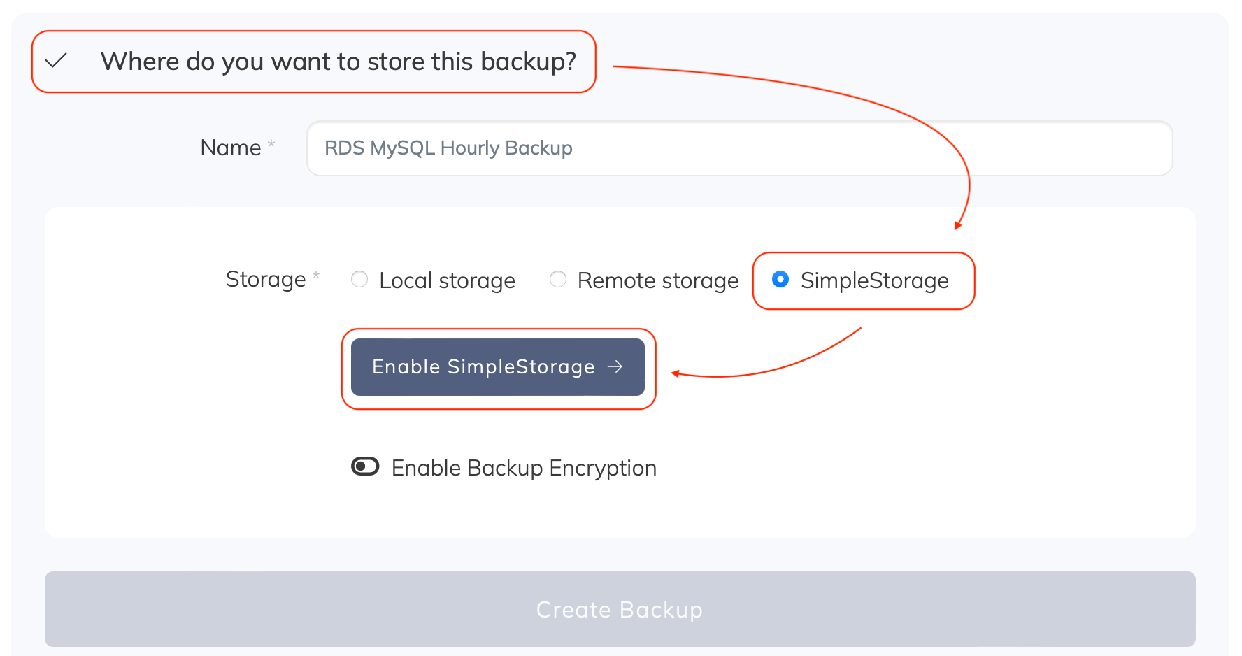 SimpleStorage storage connected to SimpleBackups Storage list with newly created SimpleStorage storage