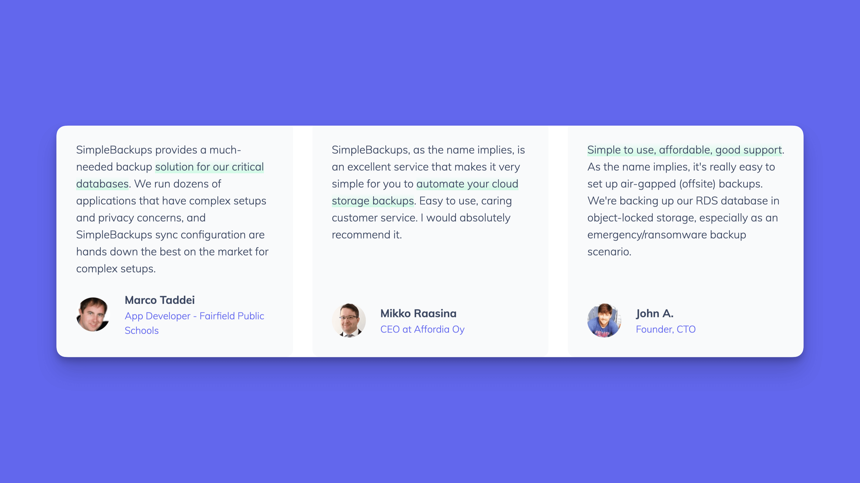 SimpleBackups Testimonials