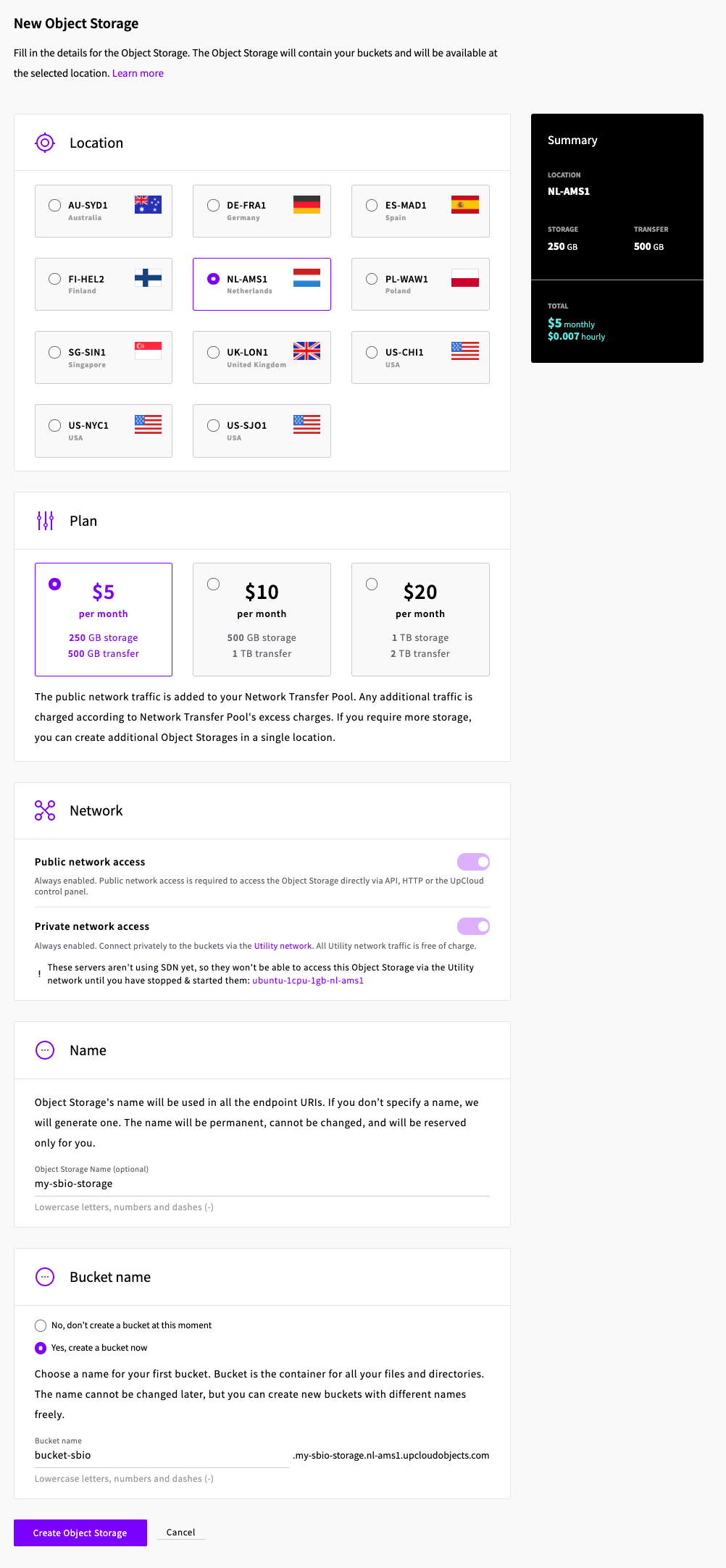 UpCloud - Create Bucket UpCloud Bucket creation form
