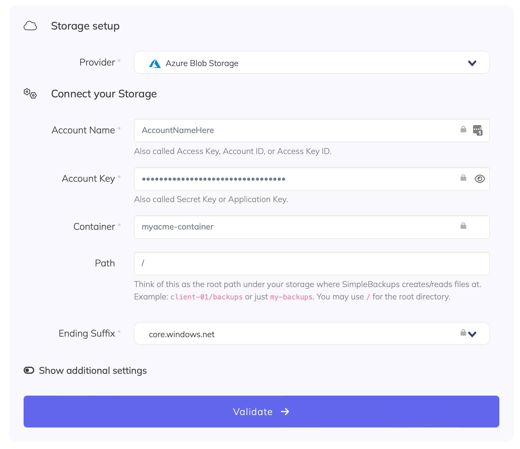 Azure Blob Storage connection form Connect Azure Blob Storage  to SimpleBackups