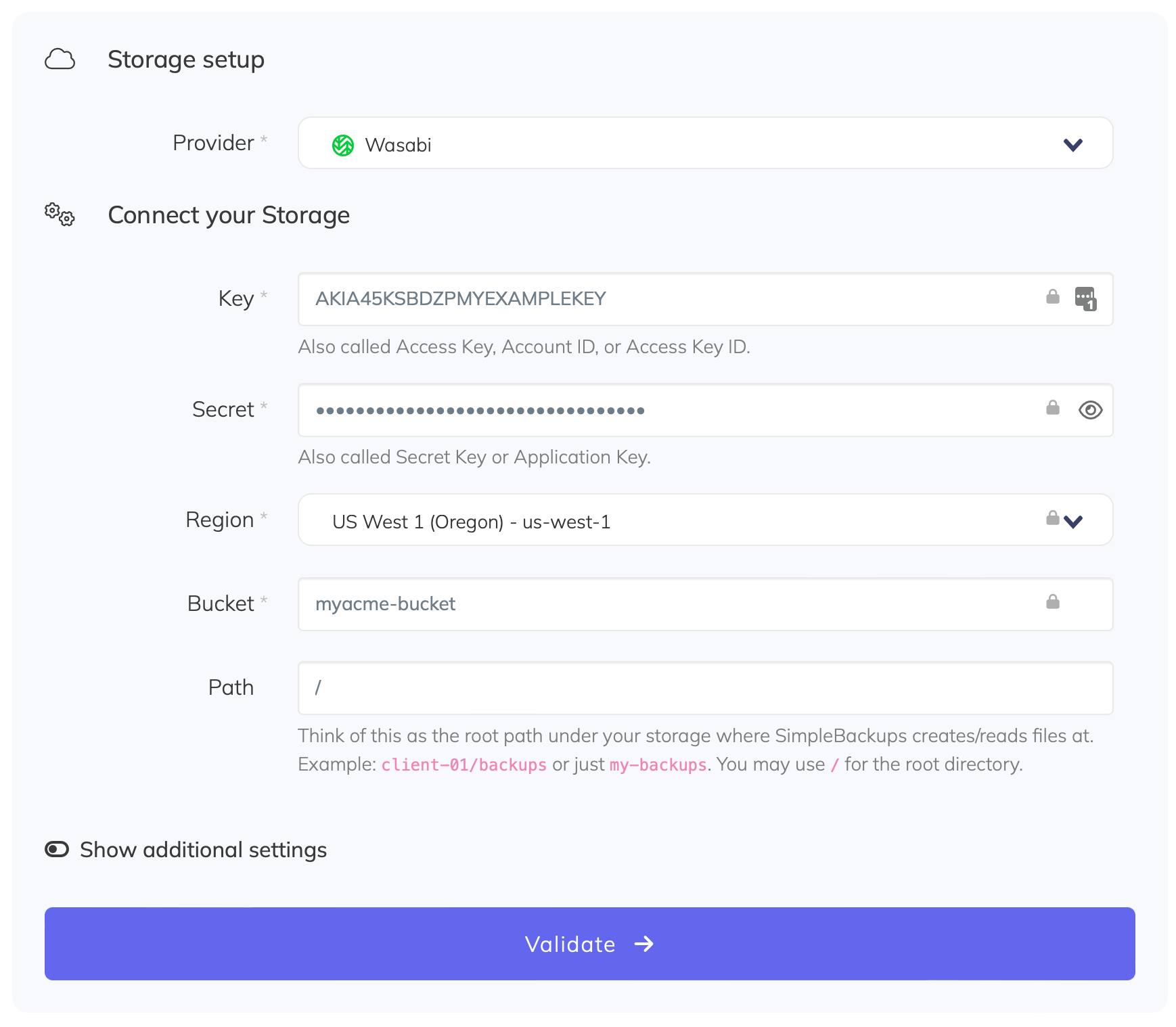 Connect  Wasabi storage to SimpleBackups Connect  Wasabi storage to SimpleBackups